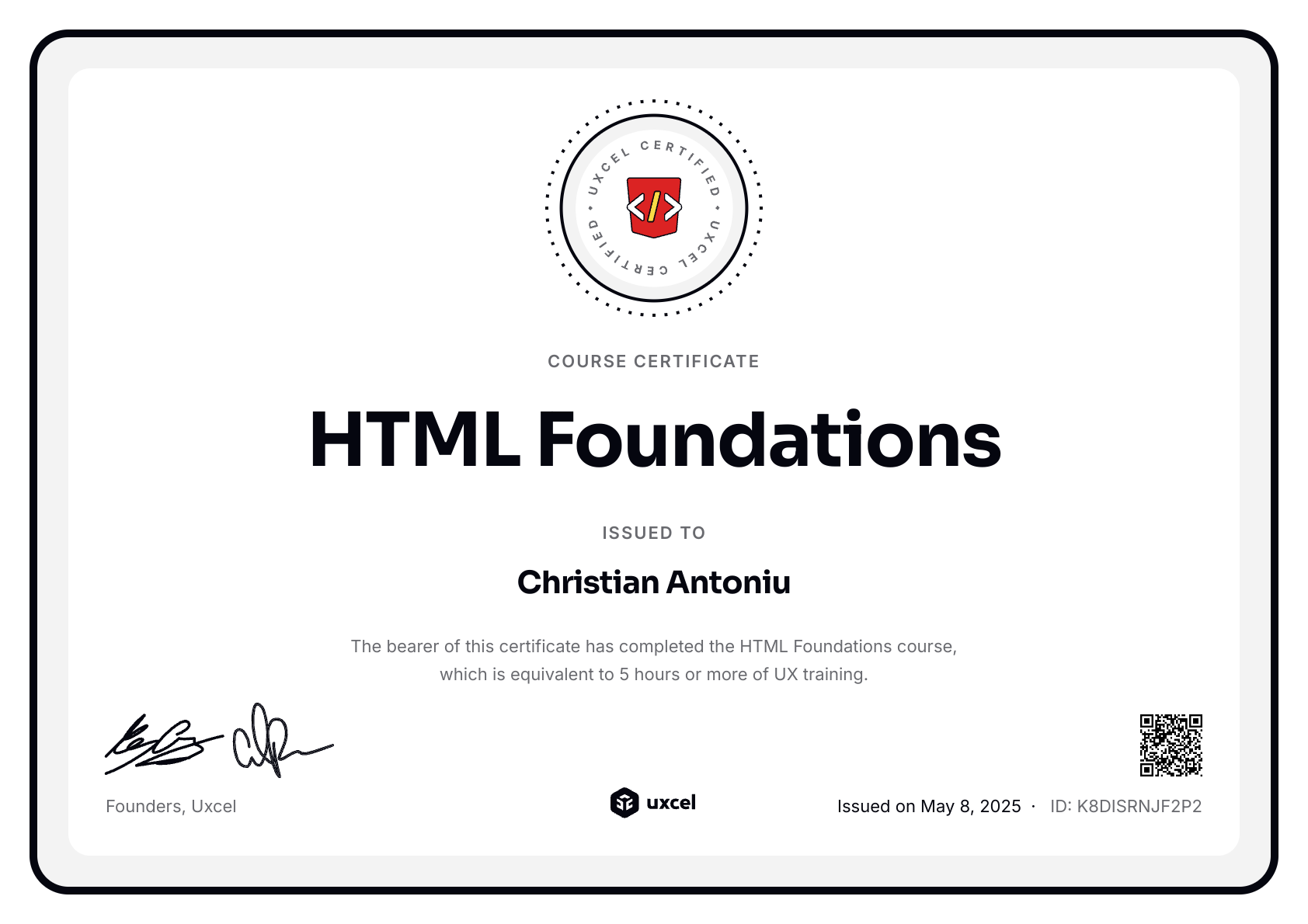 Christian Antoniu's certificate